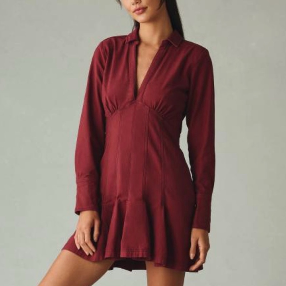 Anthropologie Pilcro Long-Sleeve V-Neck Denim Seamed Mini Dress 16 may fit 10/12